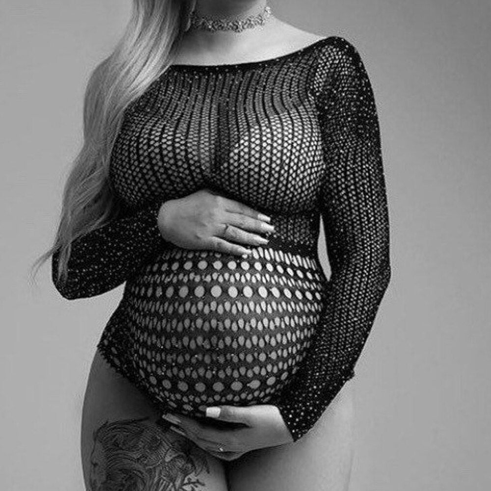 Bodysuit Rhinestones Maternity Photo Shoot Women One Size Sexy Clothes Black Gown For Pregnant Studio Accessories Body Outfit