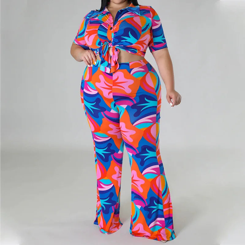 Plus Size Printed Curved Two Piece Set Single Breasted