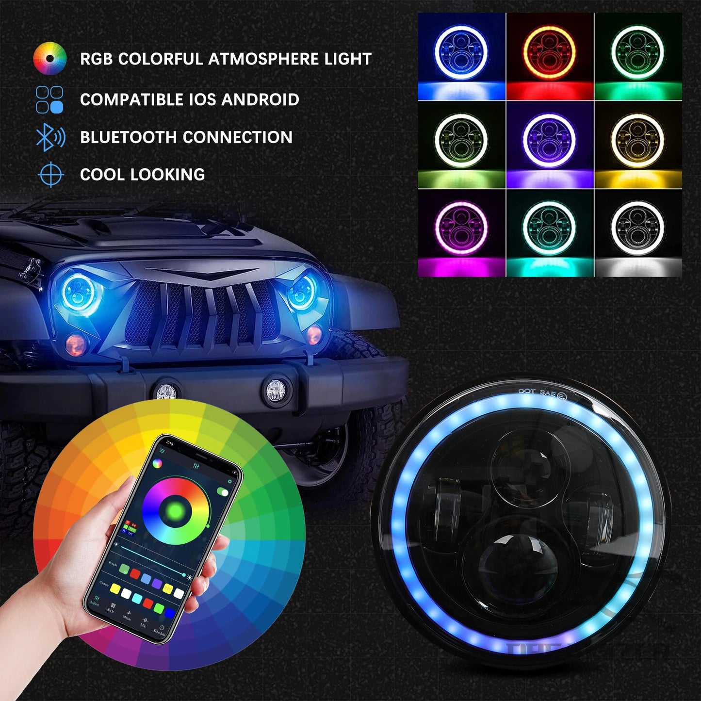 Special Universal 7"LED Headlight DRL RGB APP Remote Control For Harley Davidson Touring Road King Accessories