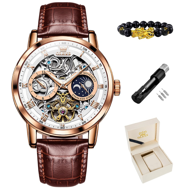 OLEVS New Mens Luxury Skeleton Automatic Mechanical Wrist Watches Waterproof Leather Moon Phrase Luminous Hands Self-Wind Watch