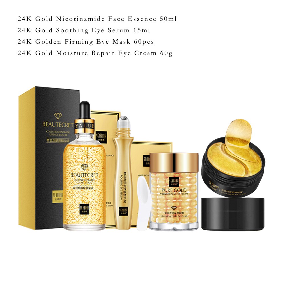 24K Gold Skincare Set Nicotinamide Face Essence Fade Dark Eye Circles Collagen Eye Cream Firming Skin Eye Mask Face Care Kit - DJVWellnessandPets