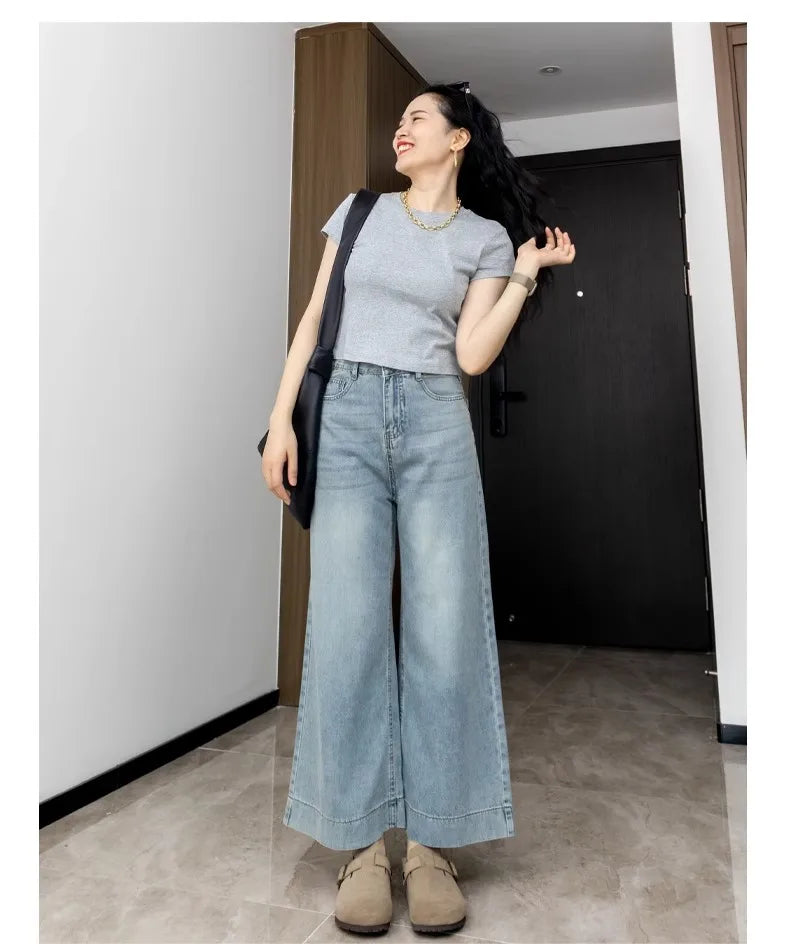 Denim Cropped Pants Wide Leg High Waist Jeans