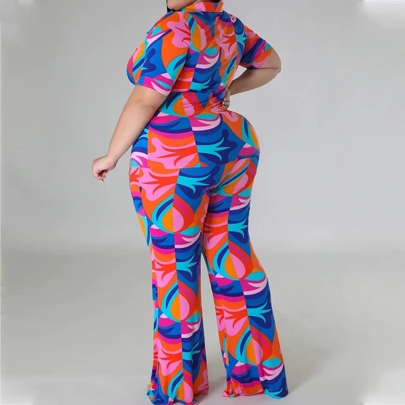 Plus Size Printed Curved Two Piece Set Single Breasted