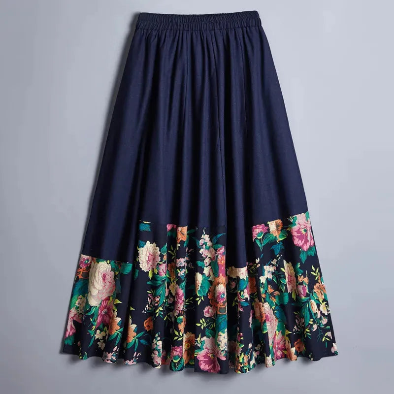 Big Swing Splicing Cotton Linen Elastic Waist Skirts