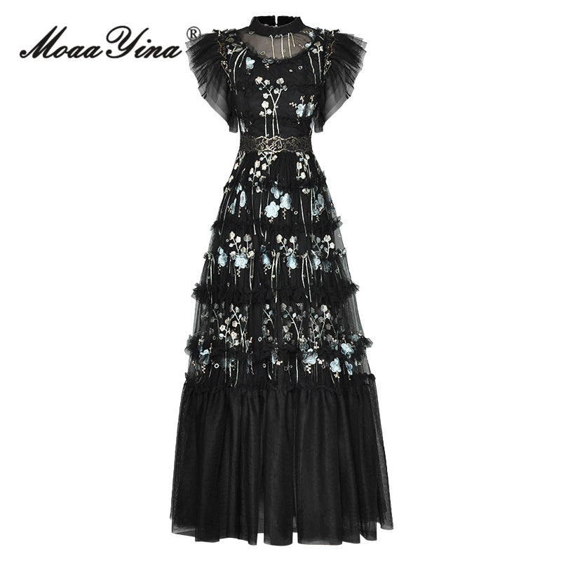 Vintage Mesh Party Stand Collar Embroidery Elastic Waist Ruffles Dress