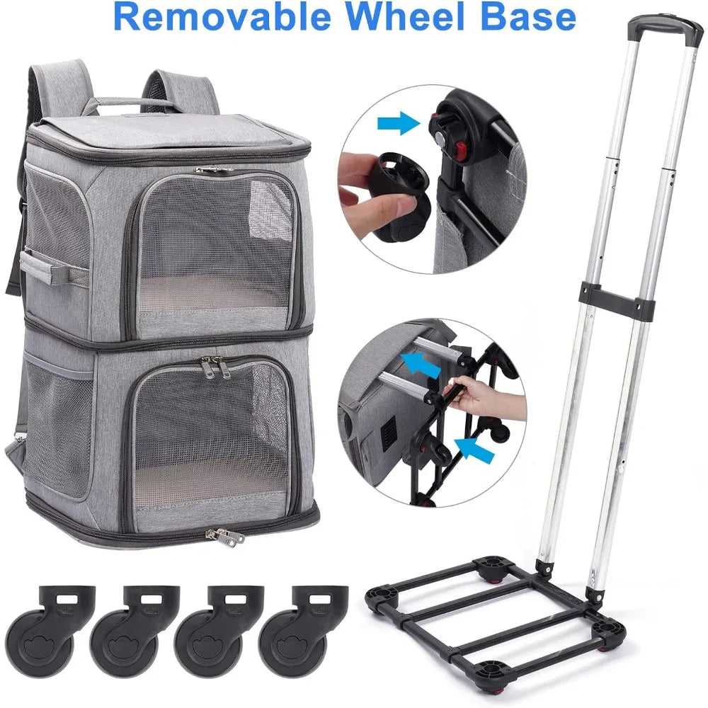 Double Pet Carrier Backpack with Wheels