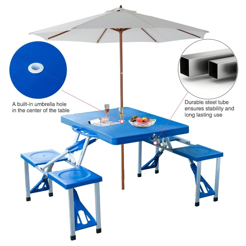 Fold Up Picnic Table Portable Camping Table Foldable Travel Patio, Lawn Garden Table, with 4 Seats Chairs, Umbrella Hole - DJVWellnessandPets