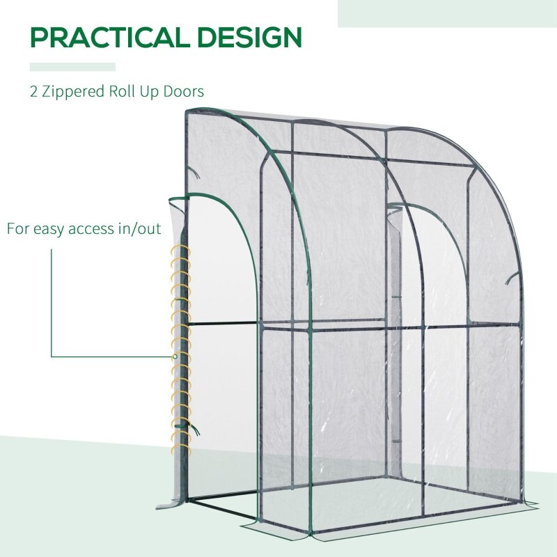 4.5&#39; x 4&#39; x 7&#39; Outdoor Walk-In Lean to Wall Tunnel Greenhouse with 2 Zippered Roll Up Doors PVC Cover Sloping Top, Clear, Green - DJVWellnessandPets