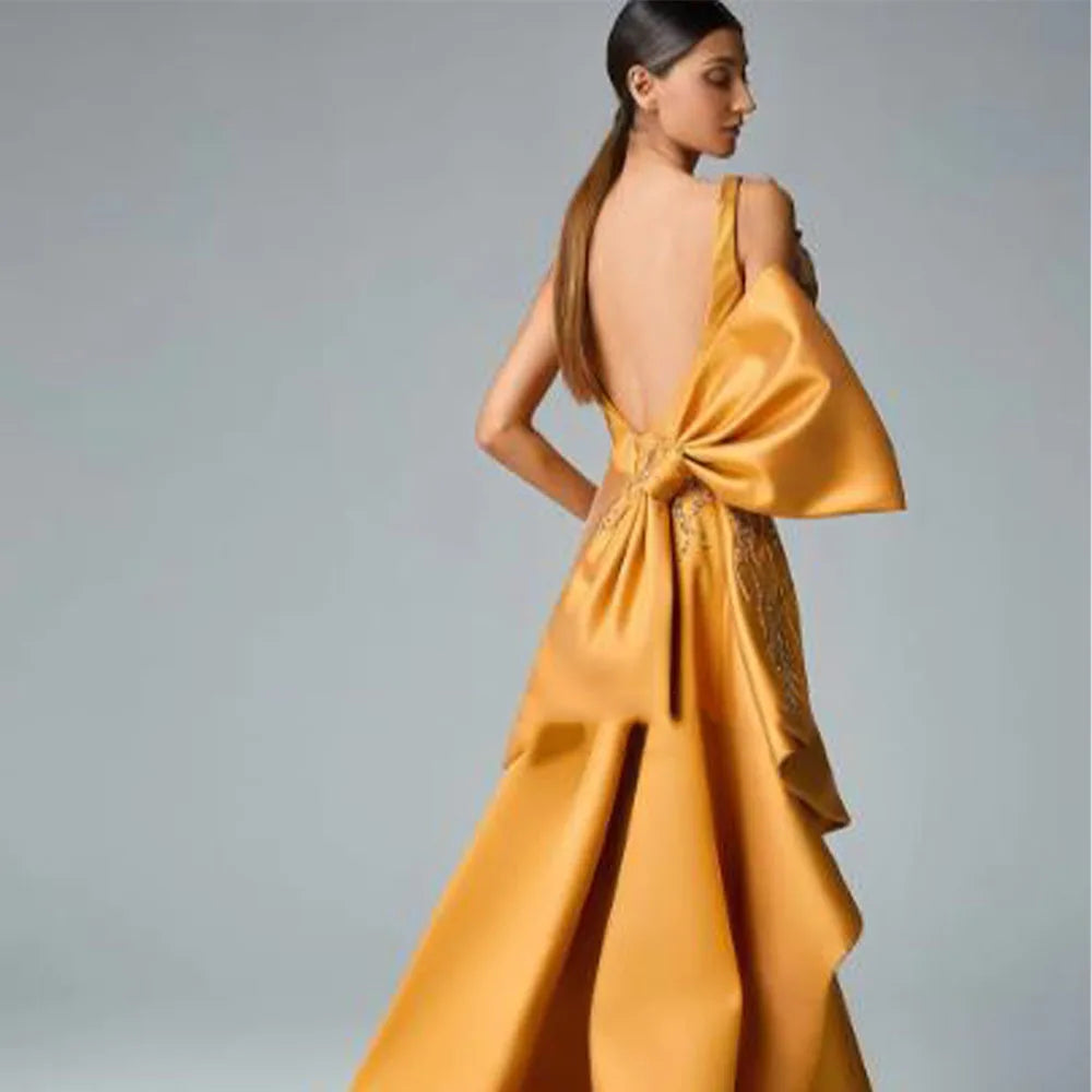 Elegant Golden Satin Prom  Wedding Guest Backless Evening Party Gowns