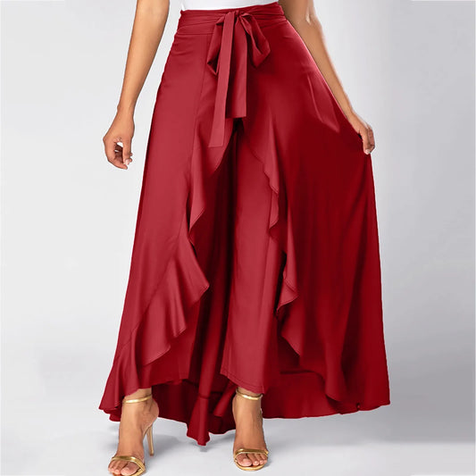 Ladies Casual Double Layer Wide Leg Culottes Ruffle Long Pants