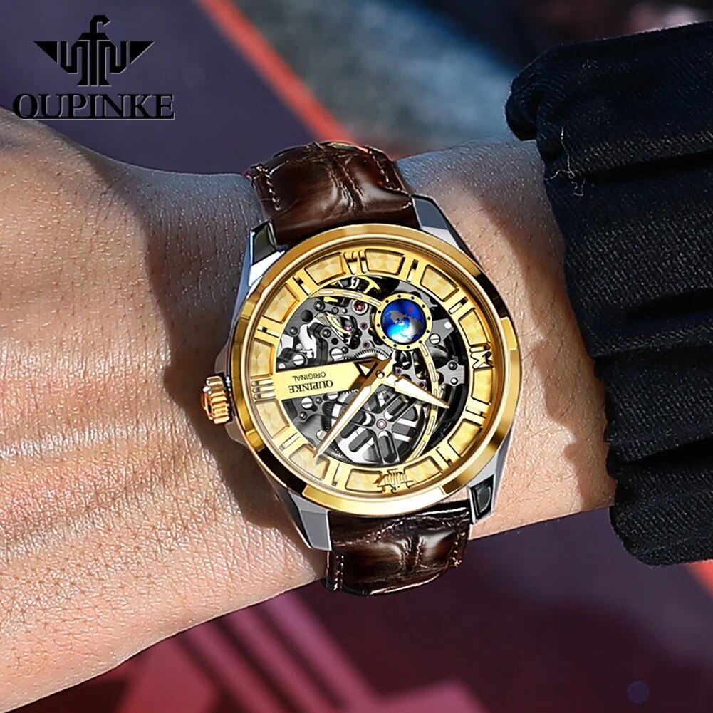 Genuine OUPINKE Skeleton Automatic Mechanical Watches For Men Comfortable Leather Strap Sapphire Mirror Sport Wristwatch - DJVWellnessandPets