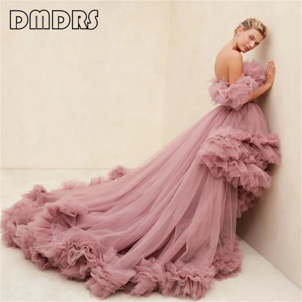 High Low Tulle Prom Dress Off Shoulder Ruffles Ball Gowns for Photoshoot