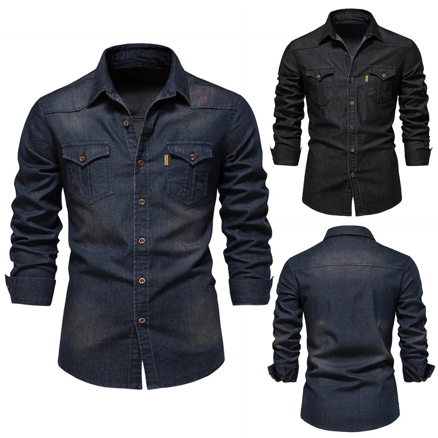 Elastic Cotton Denim Shirt Men High Quality Men Long Sleeve Solid Color Pocket Shirts For Men Casual Slim Fit Men's Clothing