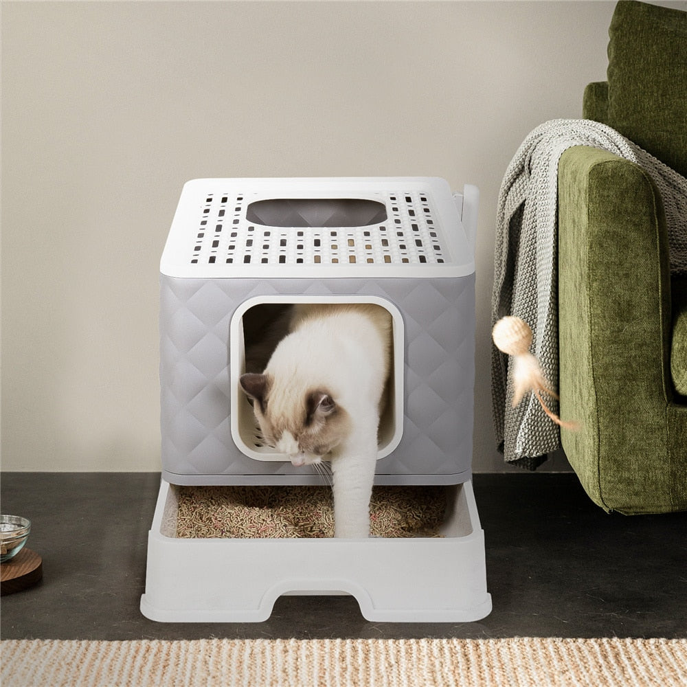 Foldable Cat Litter Box Large Pet Toilet+Cat Sand Shovel Easy Clean Leak-proof Enclosed - DJVWellnessandPets