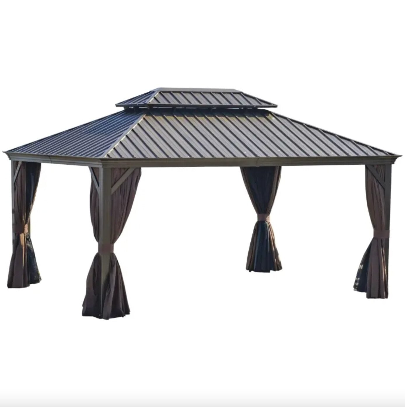 16&#39; x 12&#39; Outdoor Hard Top Terrace Gazebo with Galvanized Steel Frame, Mesh Sidewalls, Privacy Curtains, Brown - DJVWellnessandPets