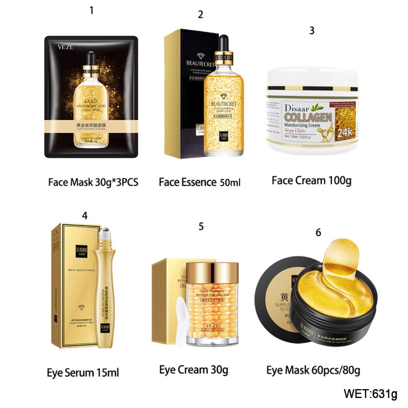 24K Gold Skincare Set Nicotinamide Face Essence Fade Dark Eye Circles Collagen Eye Cream Firming Skin Eye Mask Face Care Kit - DJVWellnessandPets