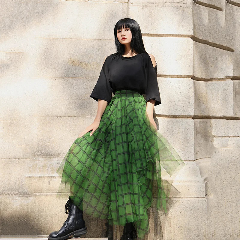 Green Plaid Print Skirt  Spring Fashion Asymmetric Elastic Waist