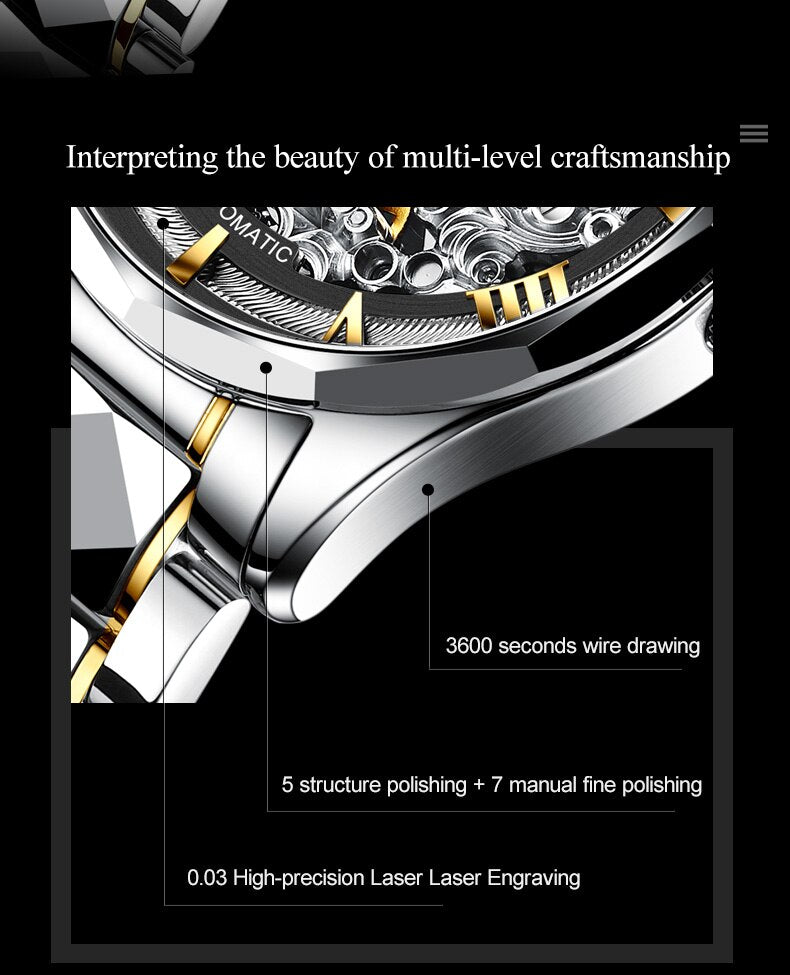 OUPINKE Original Mechanical Watches Gold Skeleton Self Winding Sapphire Crystal Waterproof Tungsten Steel TOP Wristwatch