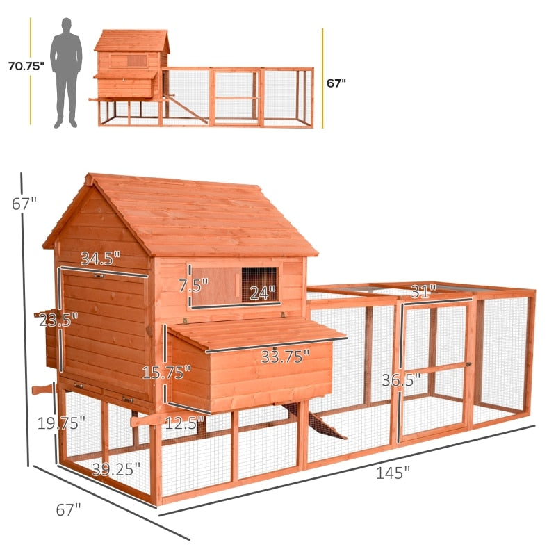 145" Chicken Coop Large Chicken House Rabbit Hutch Wooden Poultry Cage Pen Garden & Backyard with Run & Inner Hen House Space