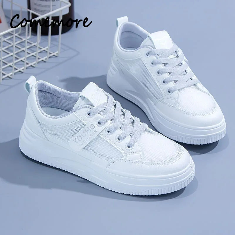 Comemore Vulcanized Shoes Fashion Lace-up Comfortable Casual Shoe Female Tennis Women's Autumn Footwear New Women White Sneakers