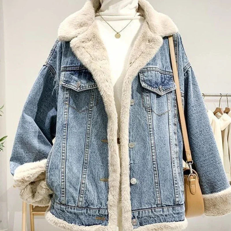 Faux Fur Plush Denim Jacket Wool Inside Padded