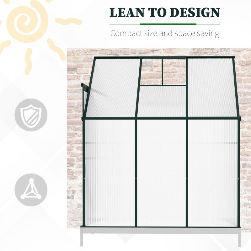 6&#39; x 4&#39; x 7&#39; Lean-to Greenhouse Walk-in Garden Aluminum Polycarbonate with Roof Vent for Plants Herbs Vegetables, Green - DJVWellnessandPets