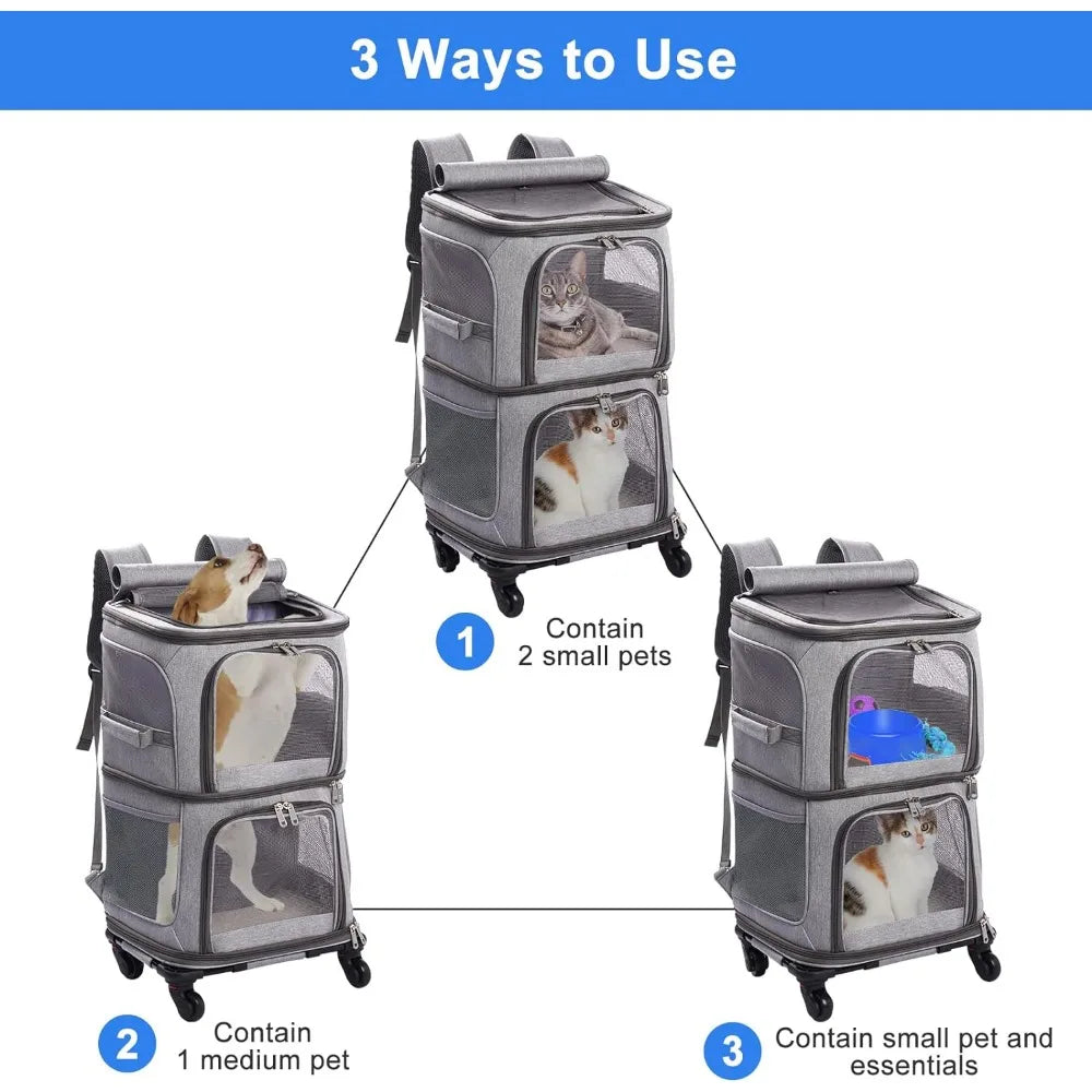 Double Pet Carrier Backpack with Wheels