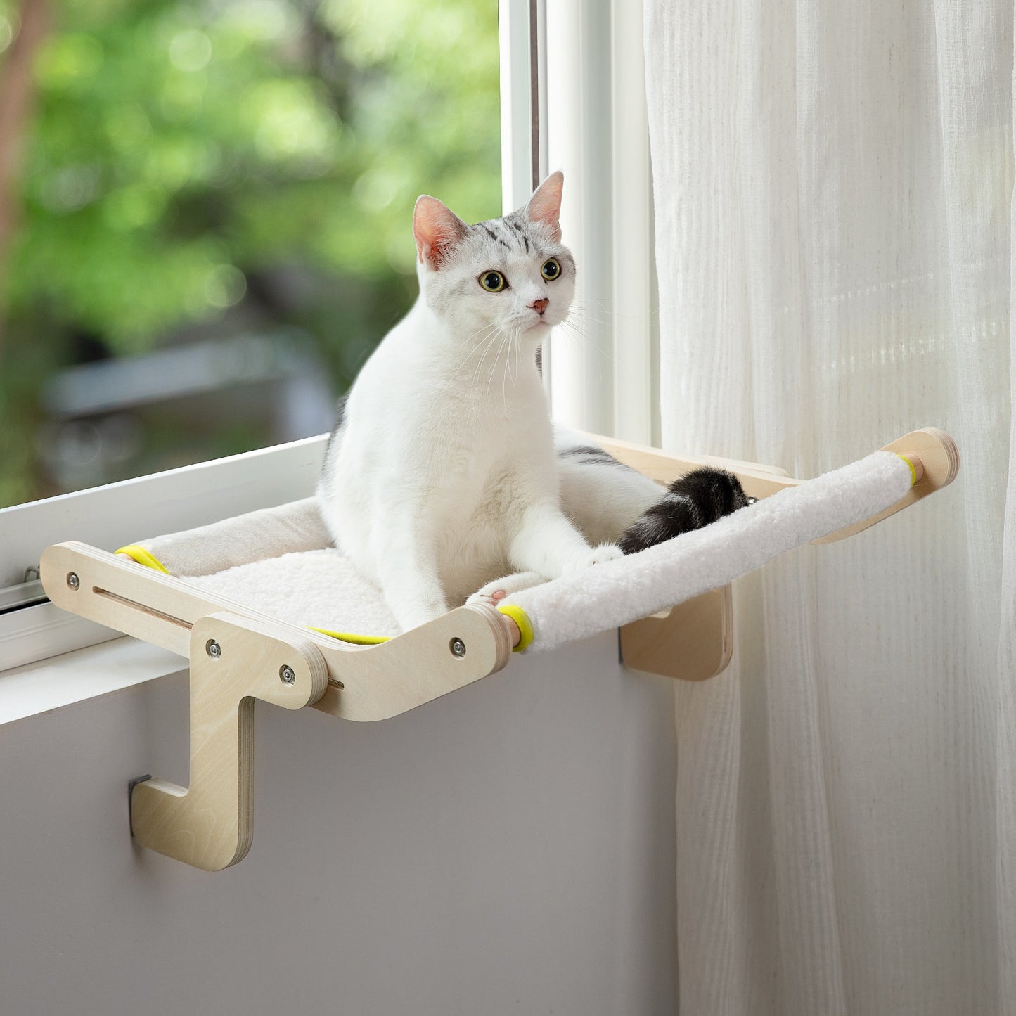 Mewoofun Cat Window Perch Wooden Assembly Sturdy Hanging Hammock Cotton Canvas Easy Wash Multilayer Plywood Sunbathing Cat Nest