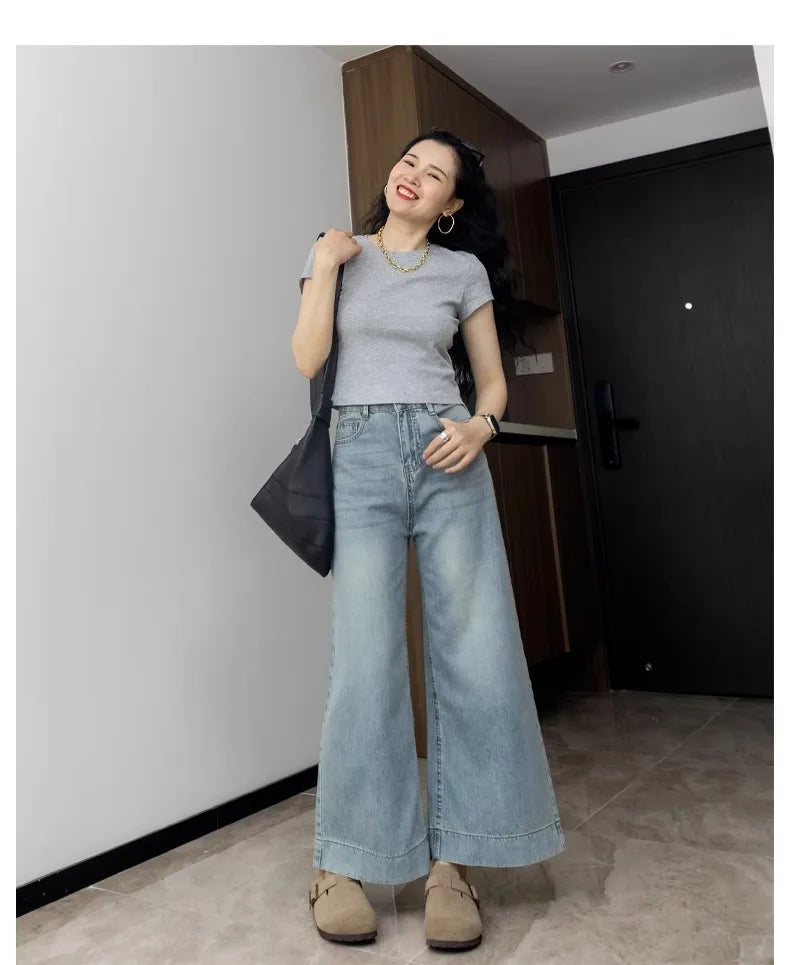 Denim Cropped Pants Wide Leg High Waist Jeans