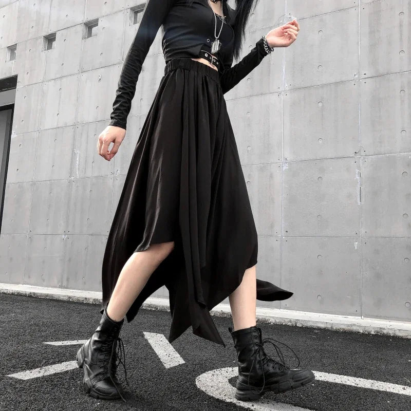 Dark Black Irregular High Waist Skirt Goth Punk