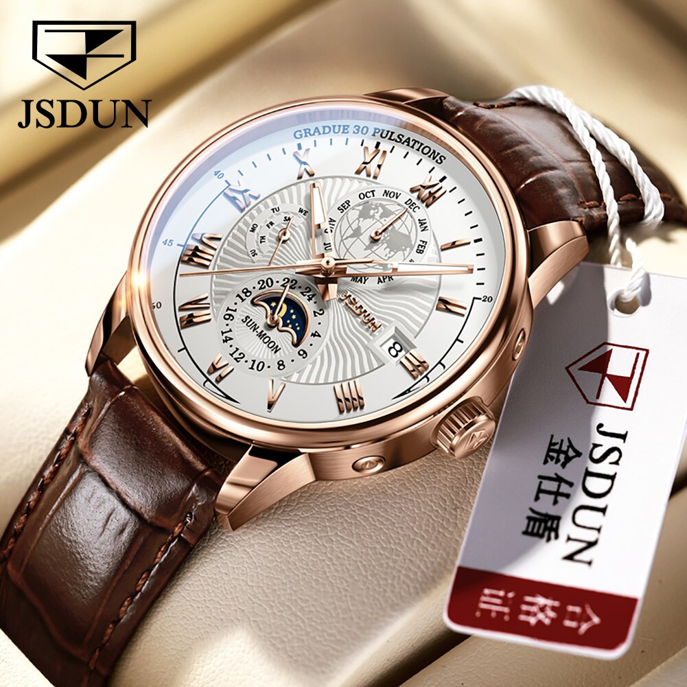 JSDUN Mechanical Watch Luminous Leather Strap Waterproof Top Brand Luxury Business Watch For Men Moonswatch 8909 - DJVWellnessandPets