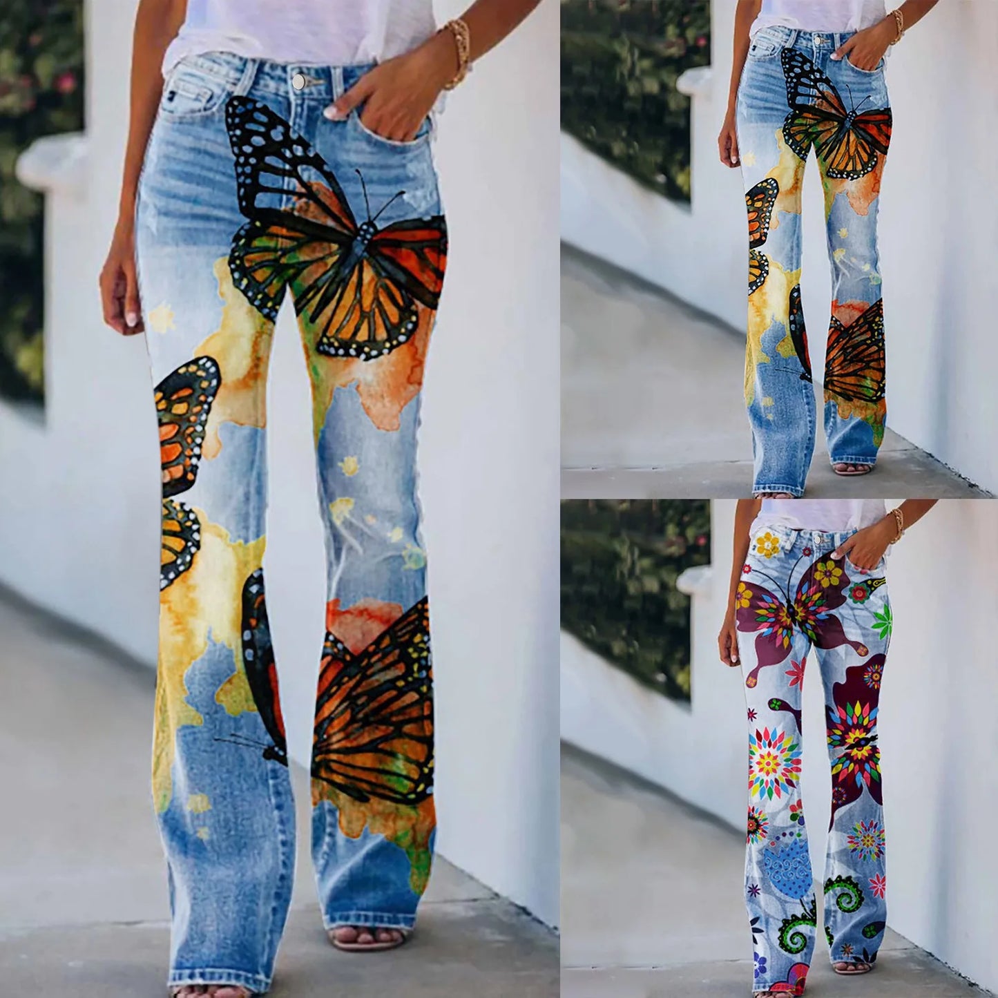 Women Retro Butterfly Printed Straight Jeans Casual comfortable