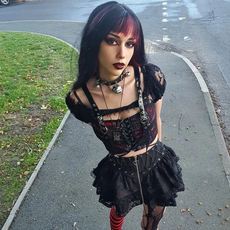 Y2K Gothic Black Lace Mesh Mini Skirts