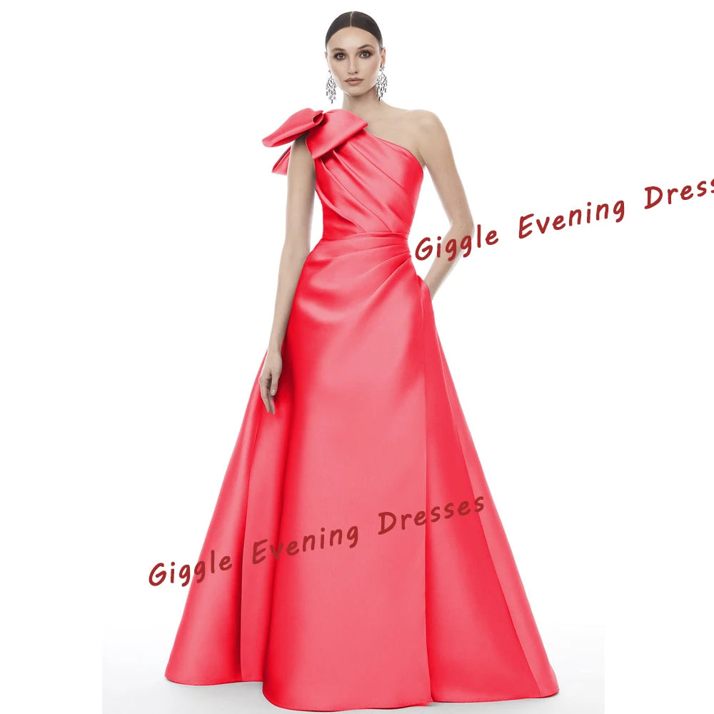 Satin A-line One-shoulder Ruffle Formal Elegant Prom Gown Evening Party