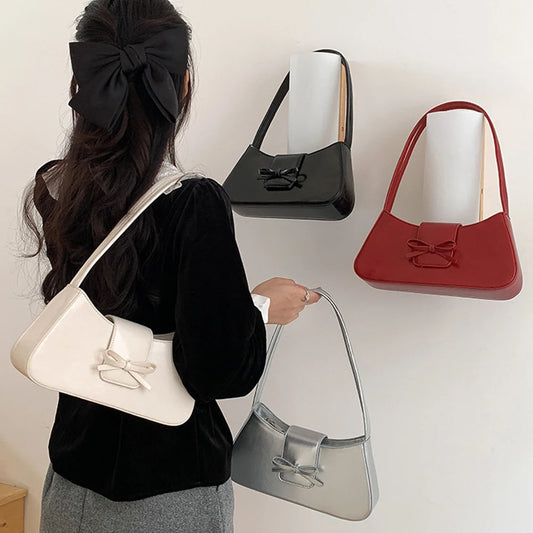 Sweet Bow Y2K Purse PU Leather Fashion Handbag with Zipper Closure Everyday Purse Retro Trendy Underarm Bag for Women and Girls