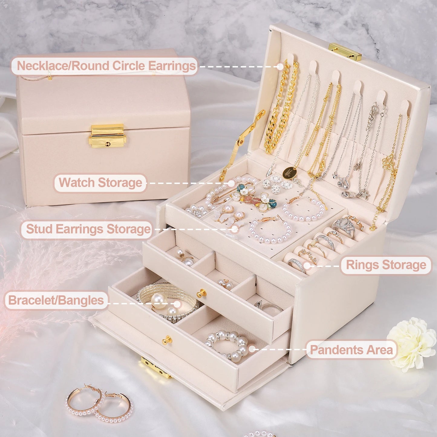 Jewelry Box 3 Layers Organizer with 2 Drawers