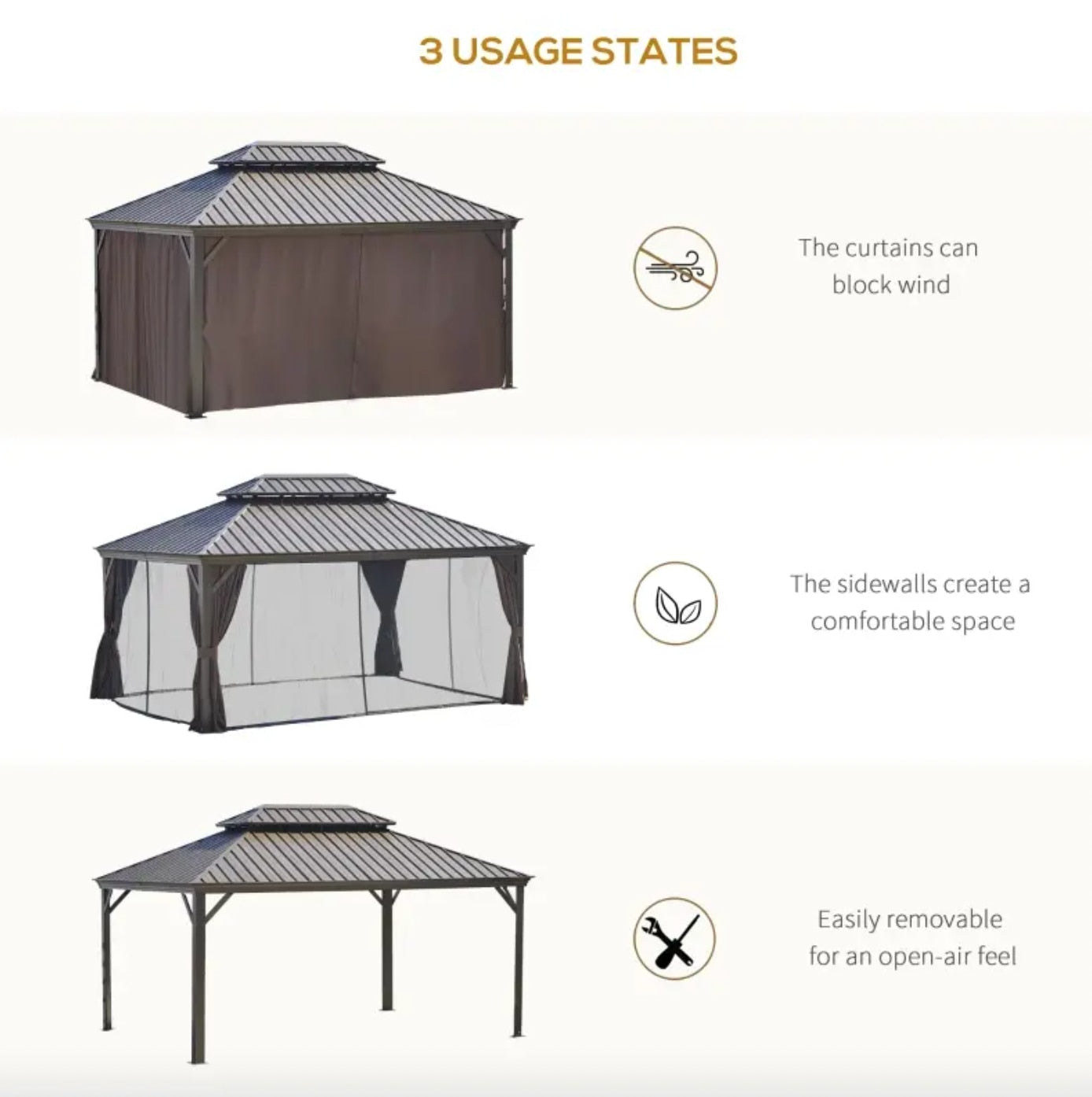 16&#39; x 12&#39; Outdoor Hard Top Terrace Gazebo with Galvanized Steel Frame, Mesh Sidewalls, Privacy Curtains, Brown - DJVWellnessandPets