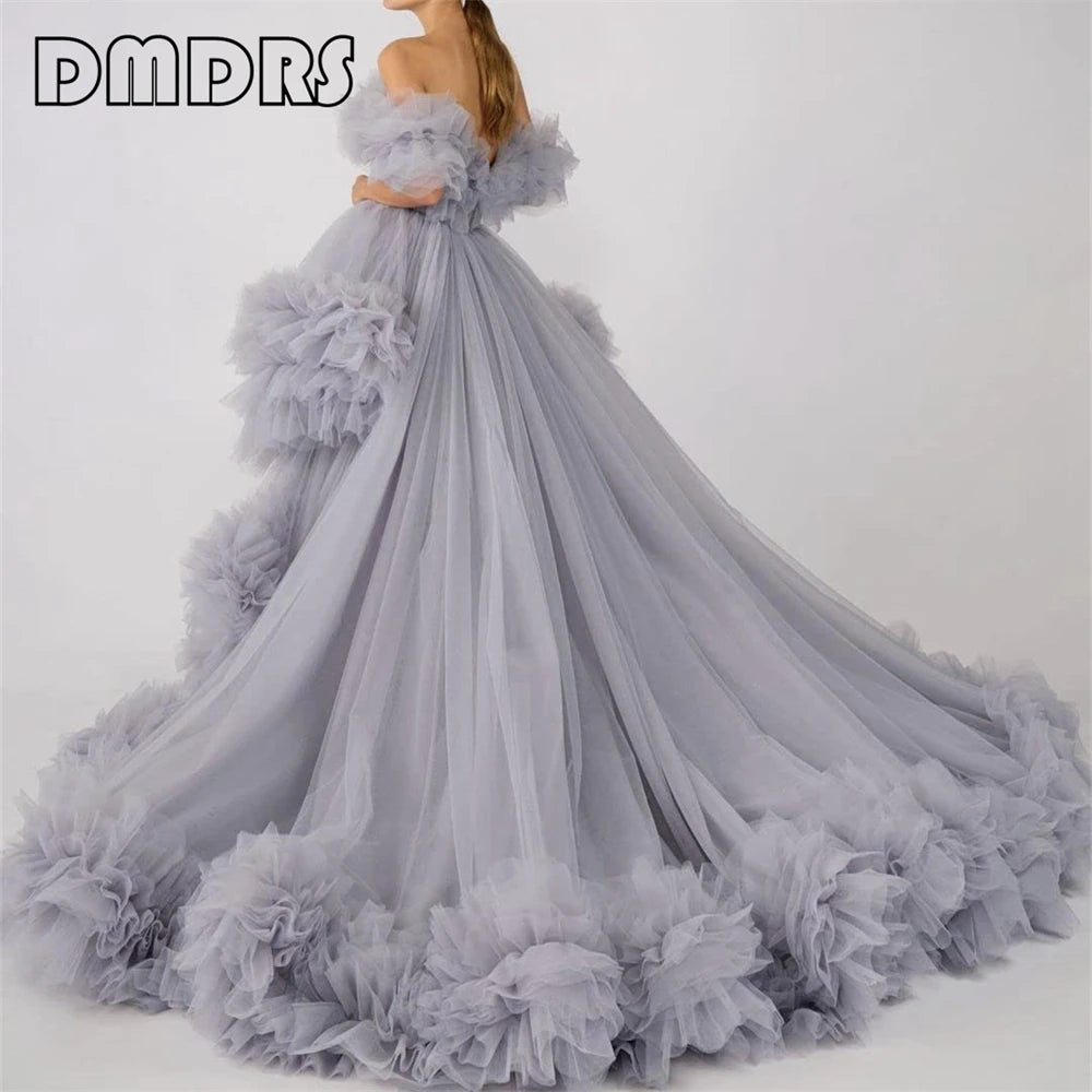 High Low Tulle Prom Dress Off Shoulder Ruffles Ball Gowns for Photoshoot