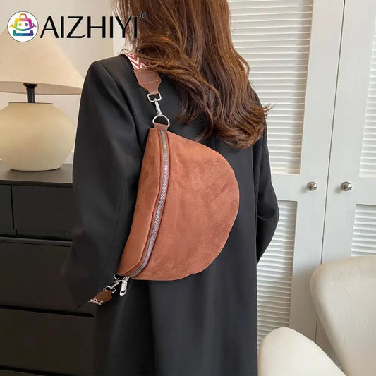 Women Casual Sling Bag PU Leather Chest Bag Half Moon Crossbody Bag Adjustable Wide Strap Fashion Waist Bag Ladies Commuting Bag