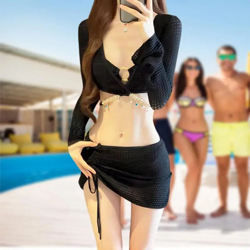 3 Piece Bikini Set Long Sleeve Halter Ring Bikini Bathing Suit