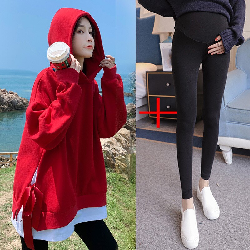 new maternity suits large size mid-length two-piece suit pregnant women big red hooded sweater ladies casual loose top