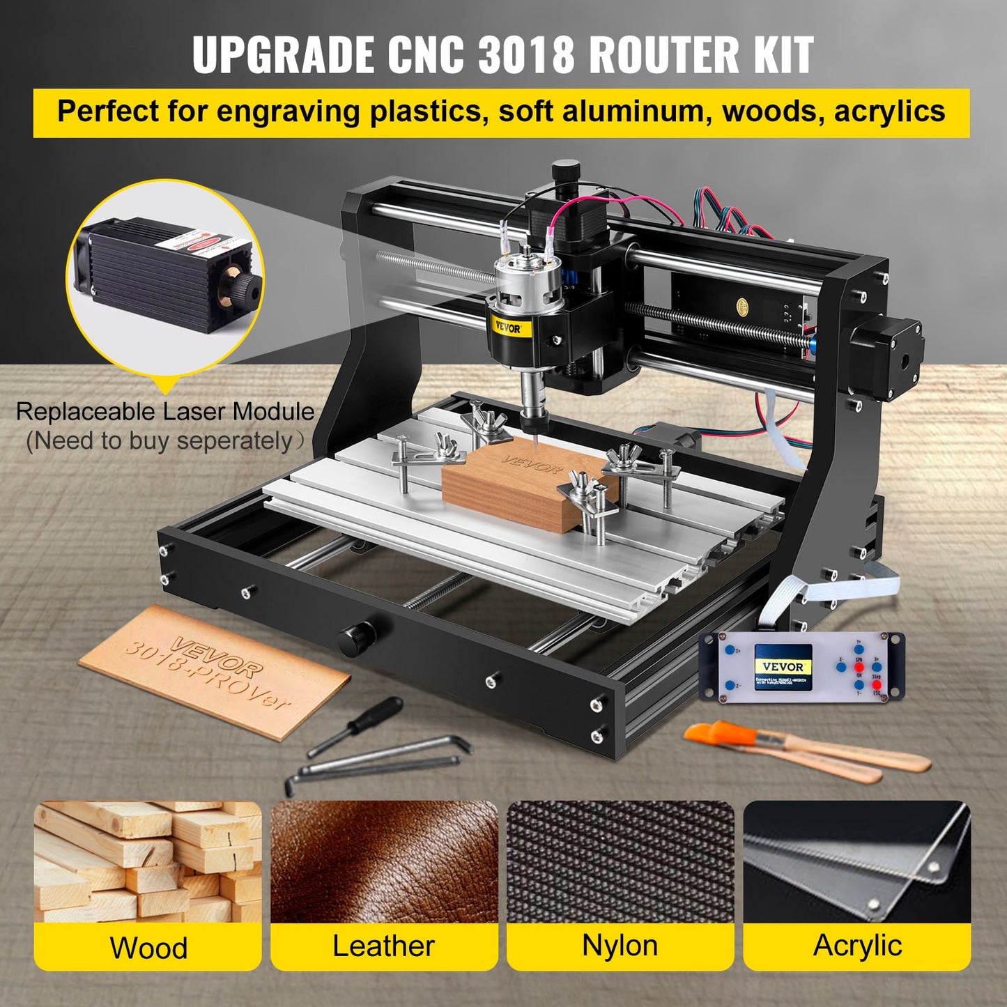 VEVOR CNC 3018 Pro Mini Laser Engraving Machine 3 Axis w/ Offline Controller GRBL Control DIY Wood PCB Milling Cutting Engraver