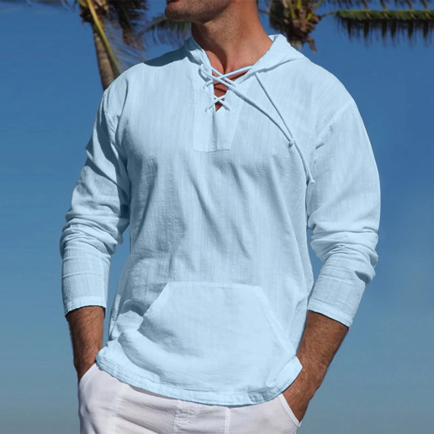 Men's Soild Color Shirts Men Casual Beach Tropical Cotton Strap Blouses Top Pocket Hooded Long Sleeve Shirt Tops For Male