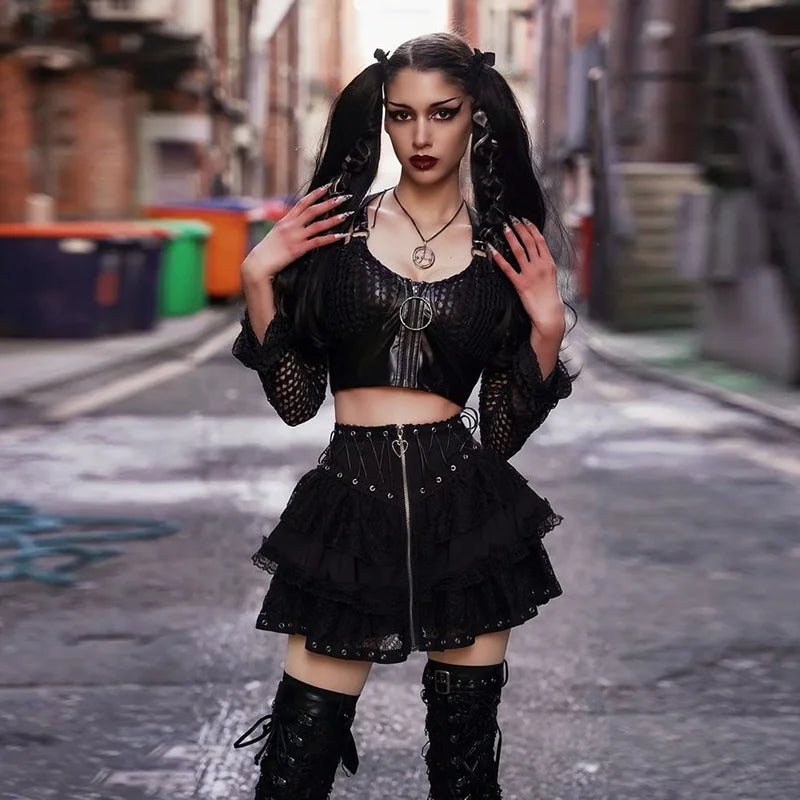 Y2K Gothic Black Lace Mesh Mini Skirts