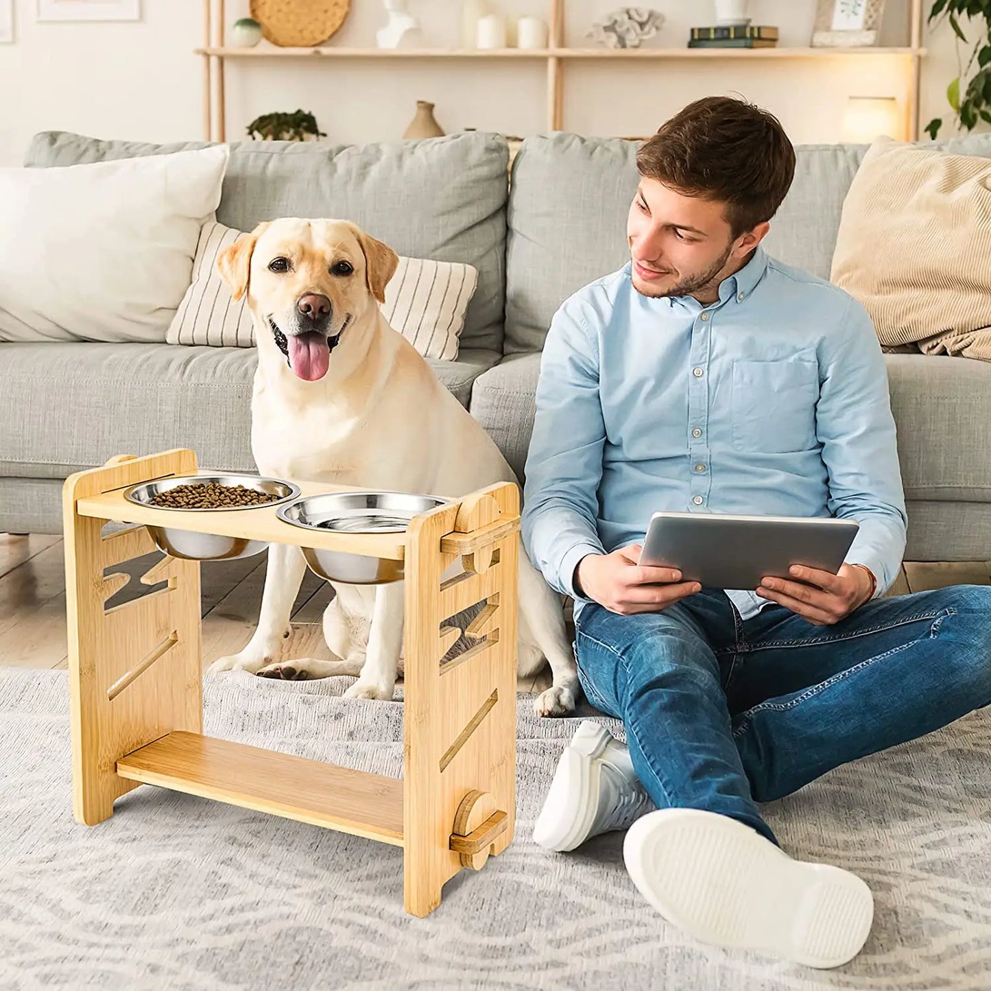 Raised Dog Bowl-Adjustable Elevated Dog Bowls for Large and Medium Dogs,Bamboo Elevated Dog Cat Food and Water Bowls Stand Feede