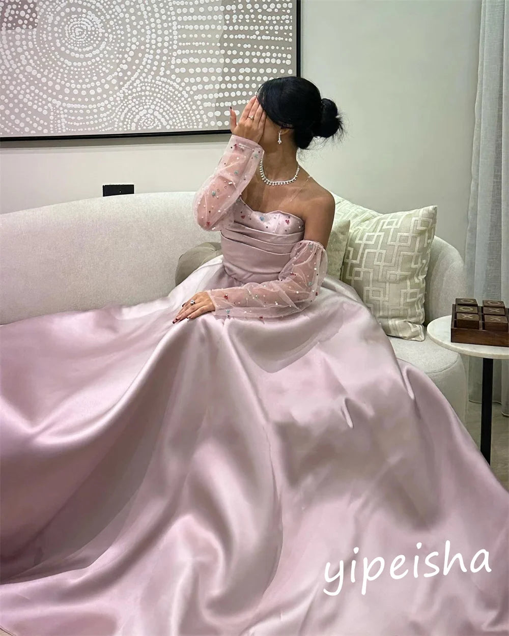 Saudi Arabia Prom Ball Satin Beading Birthday Wedding Gown