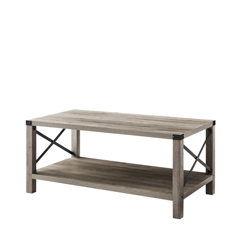 Tier Modern Farmhouse Coffee Table, Wood Rectangle Cocktail Table with Metal X- Frame (Gray, 40.94" w x 21.65" d x 17.91" h)