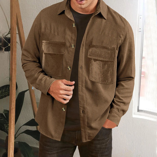 Men's Corduroy Shirt 2023 Fashion Vintage Long Sleeve Simple Casual Jackets Coat Solid Color Thick Cargo Shirt Male Shacket