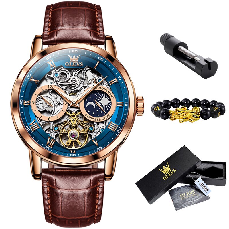 OLEVS New Mens Luxury Skeleton Automatic Mechanical Wrist Watches Waterproof Leather Moon Phrase Luminous Hands Self-Wind Watch