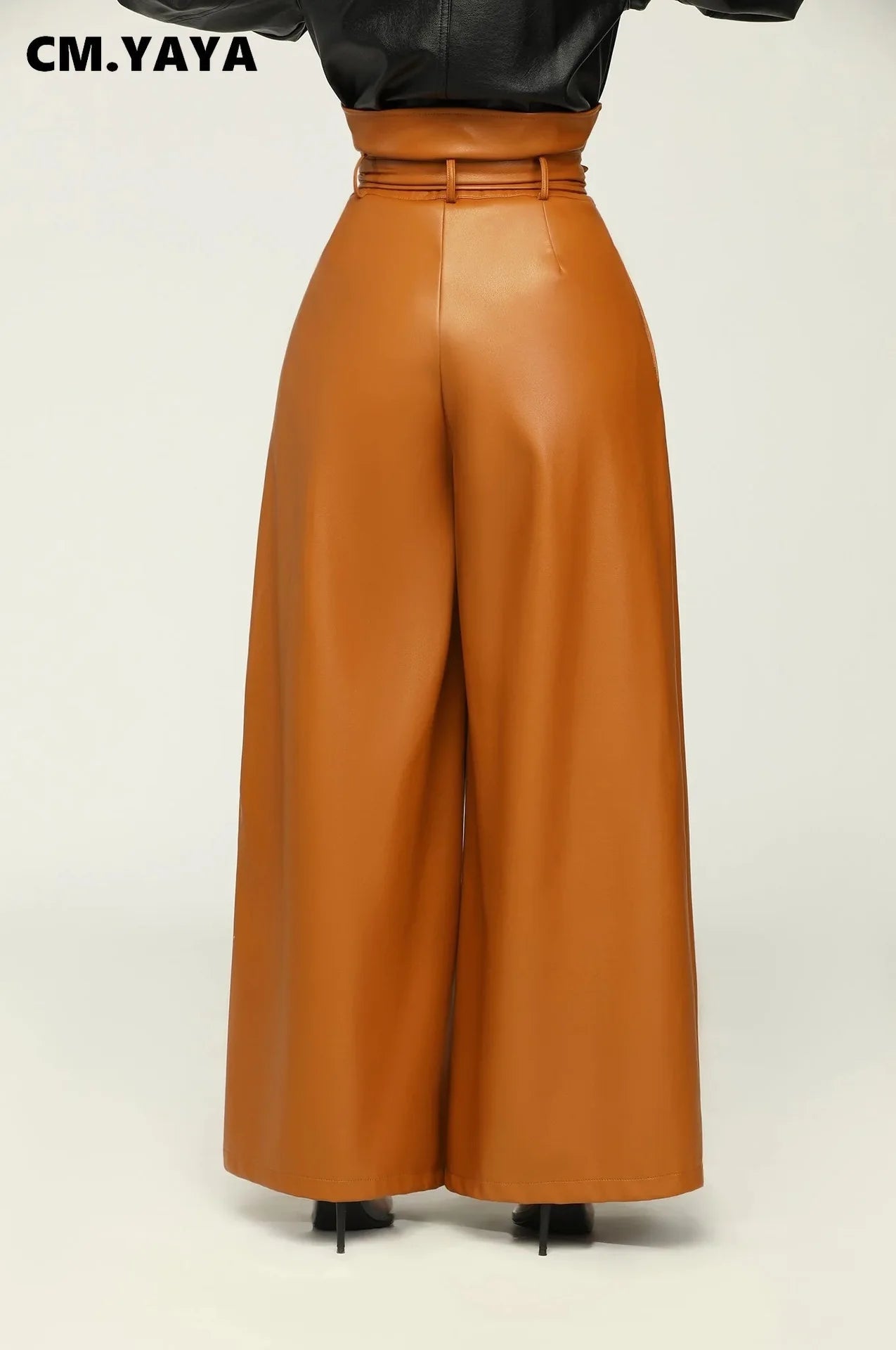 Fashion Faux Leather High Waist with Sashes Wide Leg Loose Pants